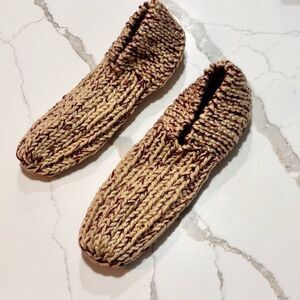 Cozy Handmade Women’s Knit Slipper Socks - Tan Brown Burgundy Hand Made Knit OS
